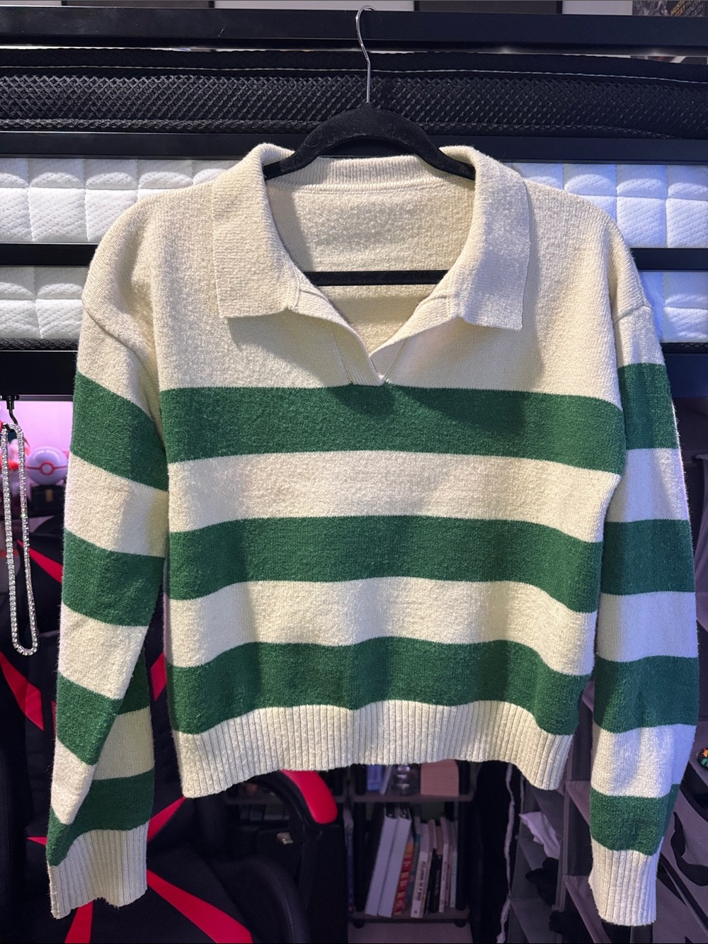 Collared V-Neck Stripe Sweater in Green and Cream